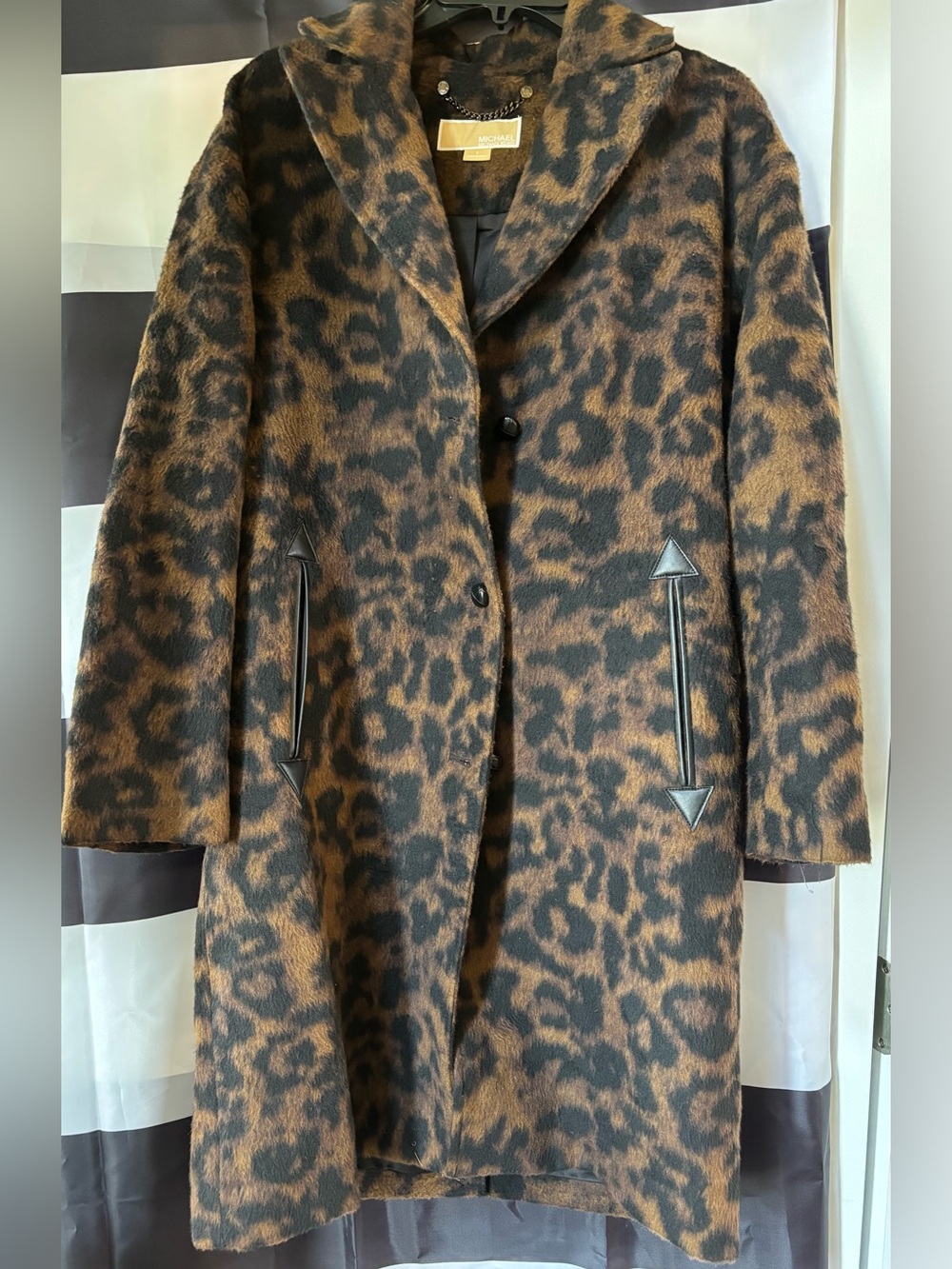 Michael Kors Leopard-Print Wool-Blend Pea Coat in Brown and Black
